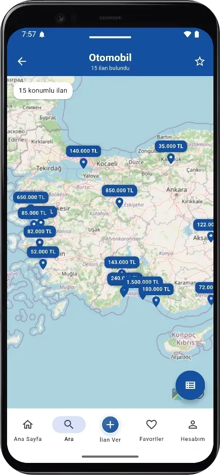 Harita üzerinde ilan arama ekranı