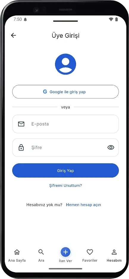 Google giriş destekli üye giriş ekranı