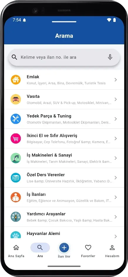 Kategori arama ekranı