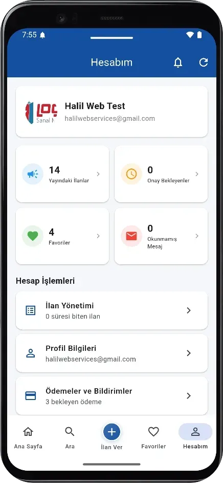 Kullanıcı hesabım ekranı